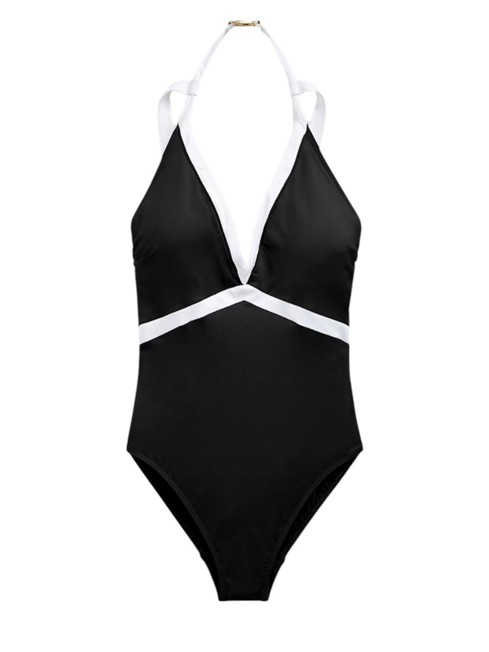 Lauren Ralph NEW Halter V-Neck Backless 12 Black White 1PC Swimsuit Colorblock - Picture 3 of 16